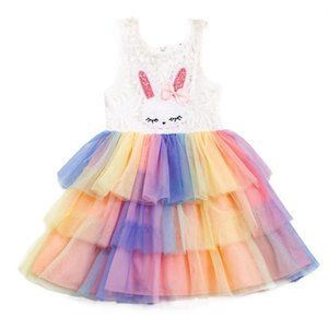 Boutique Sequin Easter Bunny Rabbit Girls Lace Rainbow Tutu Dress